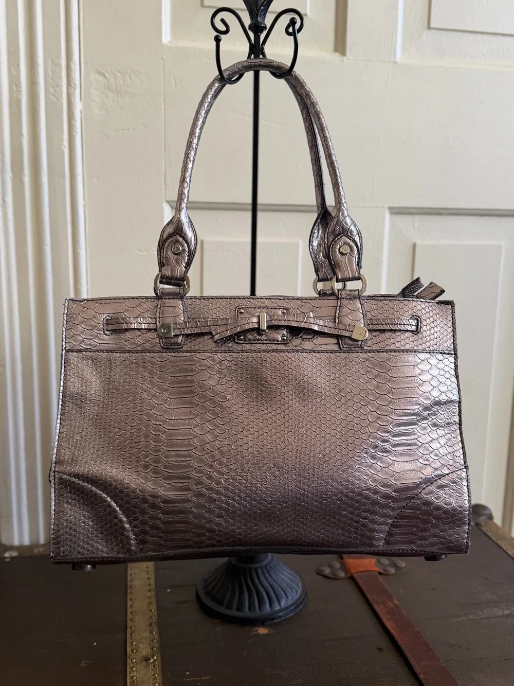 Liz Claiborne Metallic Taupe Snake-Embossed Satchel